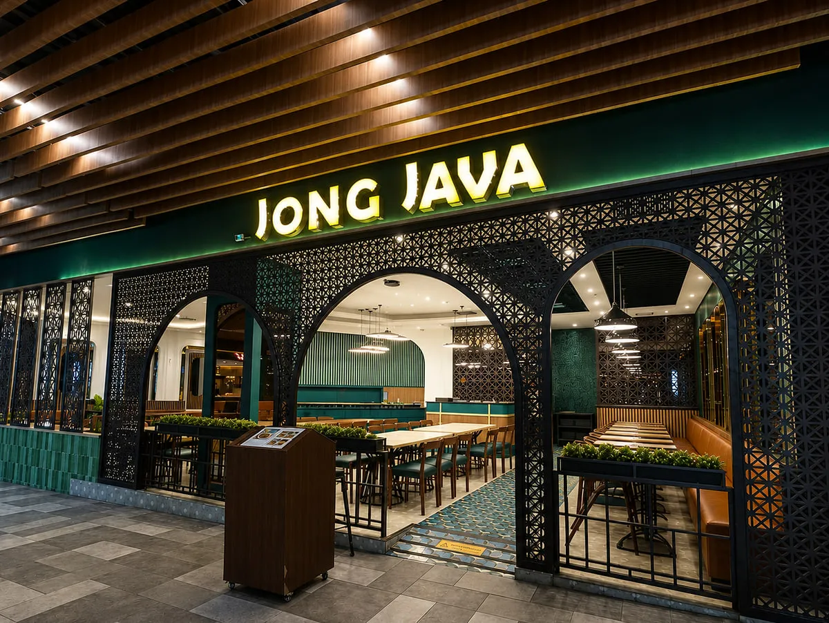 The Jong Java shopfront at Food Society, Pakuwon Mall — gold lettering above arched entrances